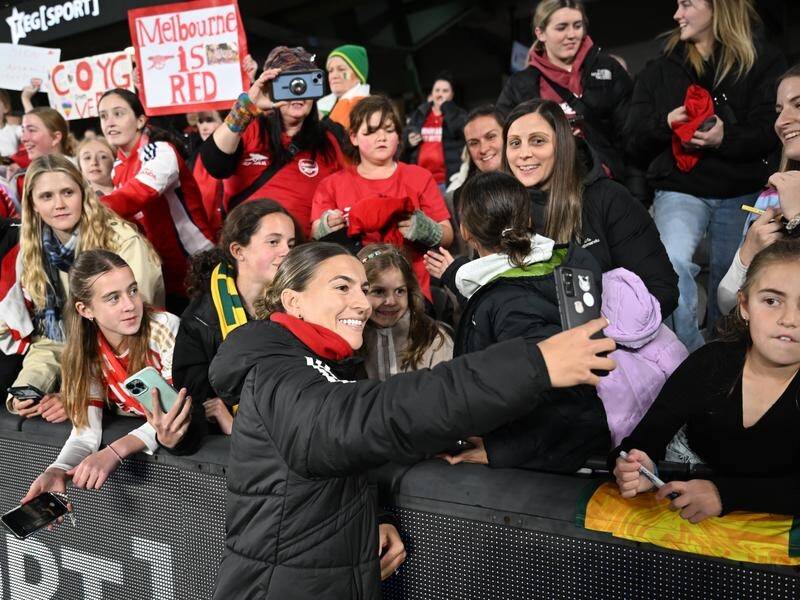 Arsenal's Steph Catley meets the fans after the A-League All Stars match at Marvel Stadium. (Joel Carrett/AAP PHOTOS)